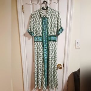NWOT Sandro Linen Blend Green Dress with Pattern